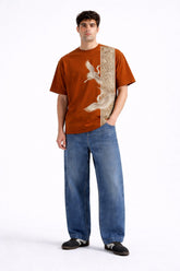 Mens Rust Orange Crane Art Graphic Print Downshoulder T-shirt