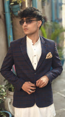 Men's blue brown check wool casual coat