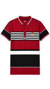 Mens Red Color Block Striped Polo Shirt