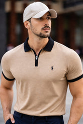 Mens Textured Beige Zip Polo Shirt