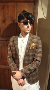Men's brown check wool casual coat