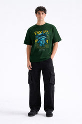 Mens Forest Green Freedom Statue Graphic Print Downshoulder T-shirt