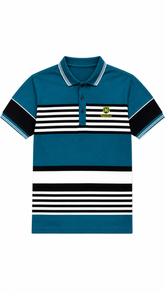 Mens Teal Striped Color Block Polo Shirt