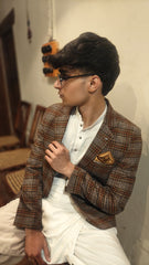 Men's brown check wool casual coat