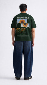 Mens Forest Green Sunflower Graphic Print Downshoulder T-shirt
