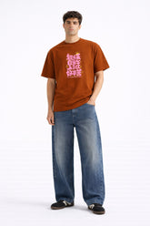 Mens Rust Orange Asian Typography Graphic Print Downshoulder T-shirt