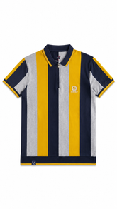 Men's Mustard Yellow, Navy & Light Grey Vertical Striped Polo Shirt