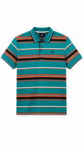 Men's Teal, Black & Orange Horizontal Striped Polo Shirt