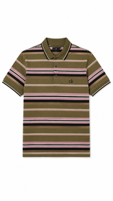Men's Olive Green, Pink & Black Horizontal Striped Polo Shirt