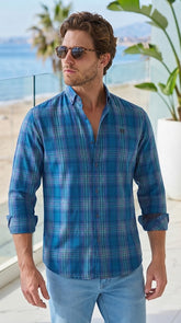 Mens Blue Green Check Imported Casual Shirt