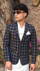 Men's blue gray check wool casual coat