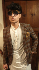 Men's brown check wool casual coat