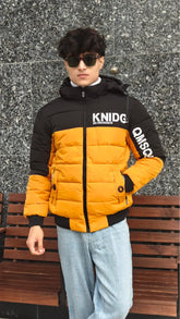 mens imported yellow and black kidgo puffer jacket