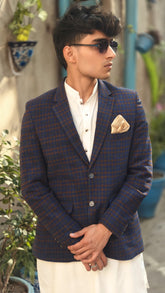 Men's blue brown check wool casual coat