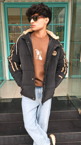 mens imported black fur cap puffer jacket