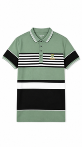 Mens Sage Green Color Block Striped Polo Shirt