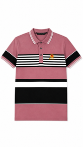 Mens Dusty Pink Striped Color Block Polo Shirt