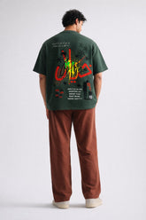 Mens Forest Green Arabic Script Downshoulder T-shirt