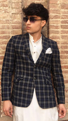 Men's blue gray check wool casual coat
