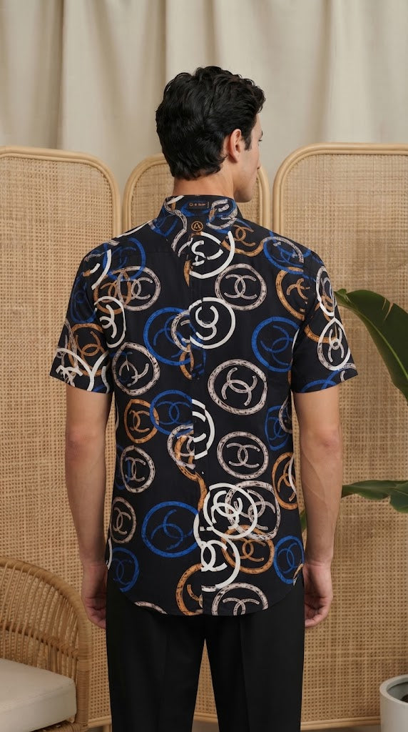 Mens Black Blue White Printed Imported Casual Shirt