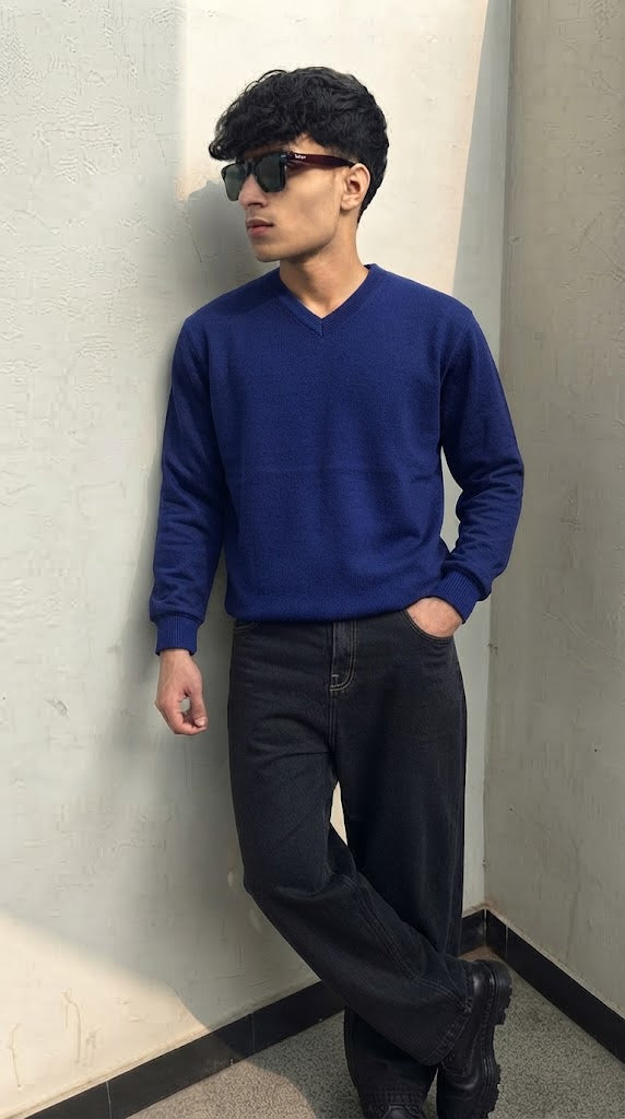 Mens Imported Wool Sweater V Neck Blue