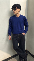 Mens Imported Wool Sweater V Neck Blue