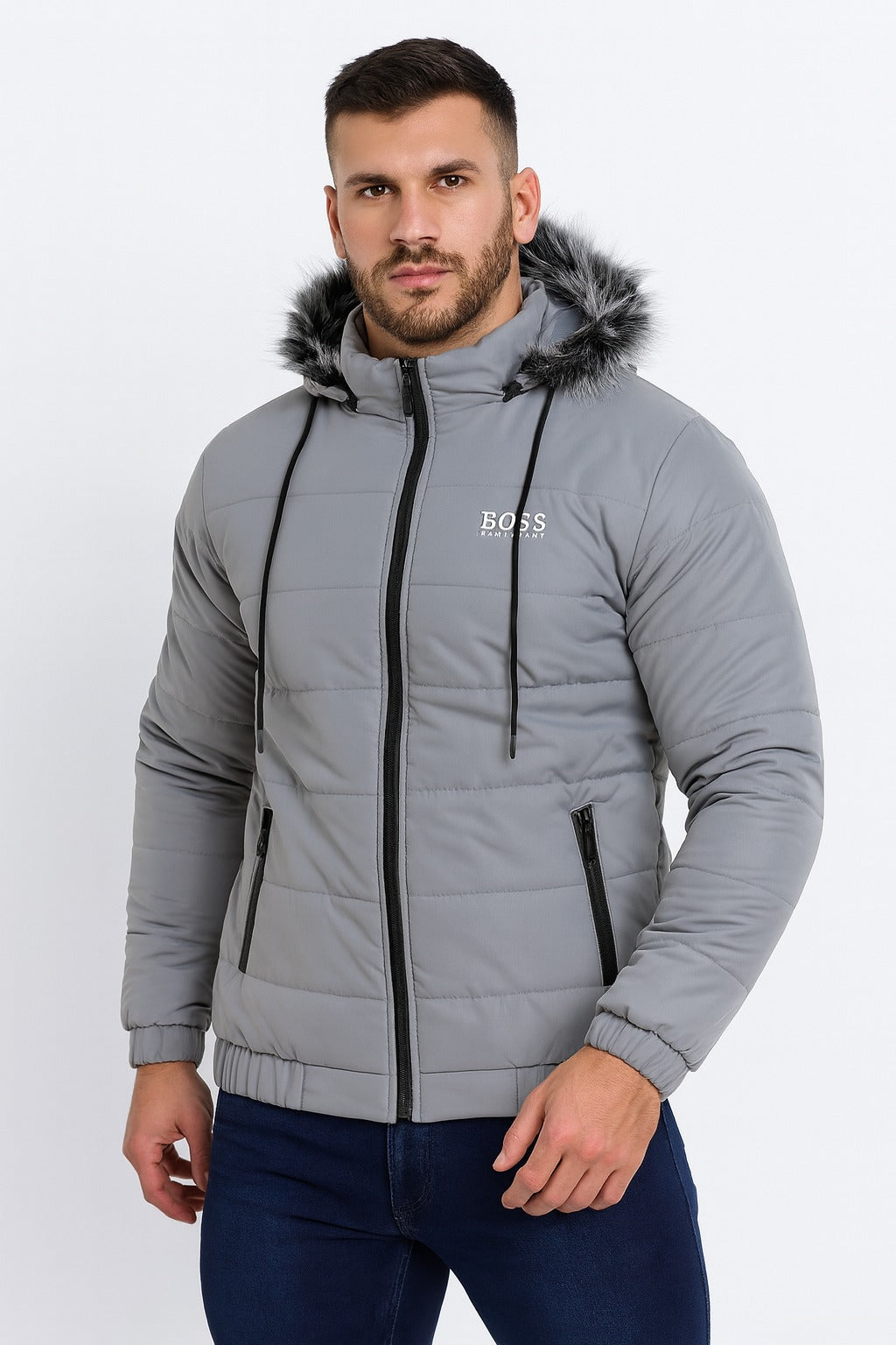 Men’s Ash Gray Oversized Fur Hood Puffer Jacket