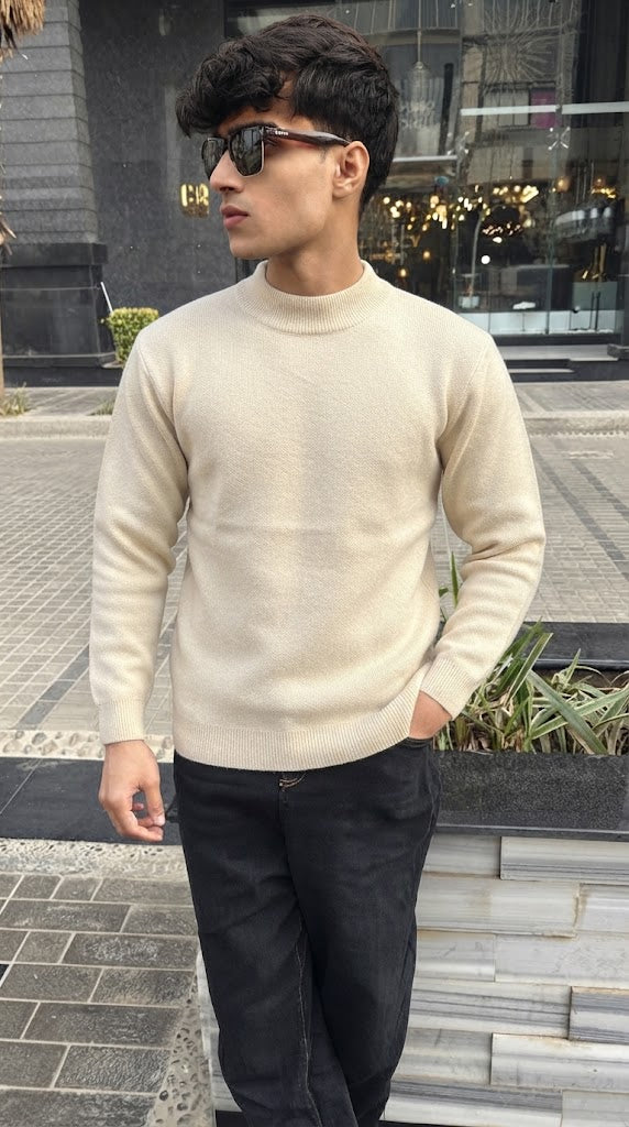 Mens Imported Rabbit Wool Sweater Cream Mock Neck