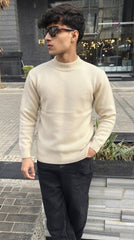 Mens Imported Rabbit Wool Sweater Cream Mock Neck