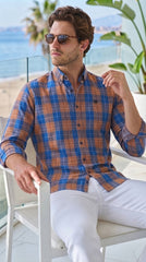 Mens Blue Orange Check Imported Casual Shirt