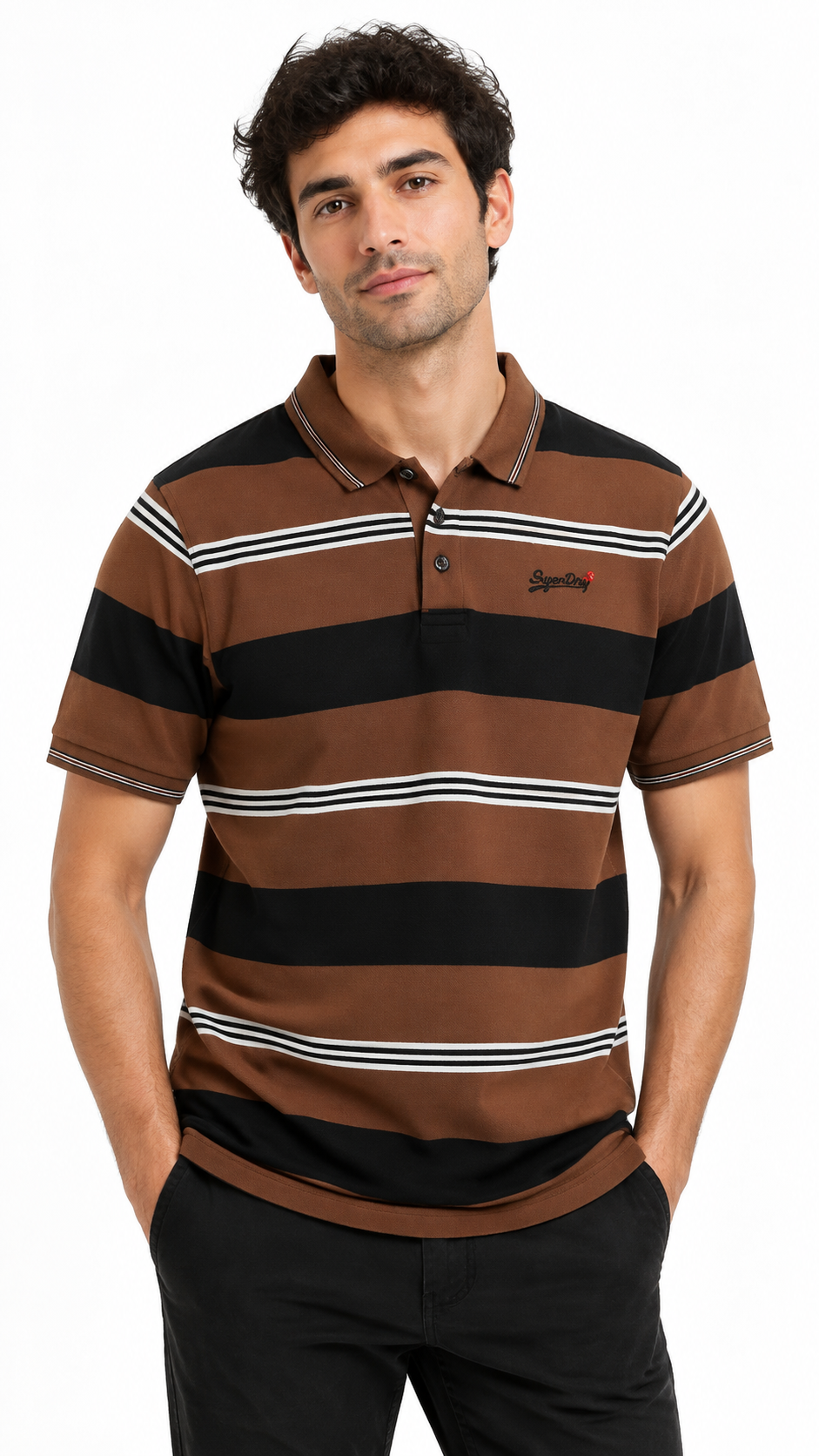 Mens Brown & Black Horizontal Striped Polo Shirt