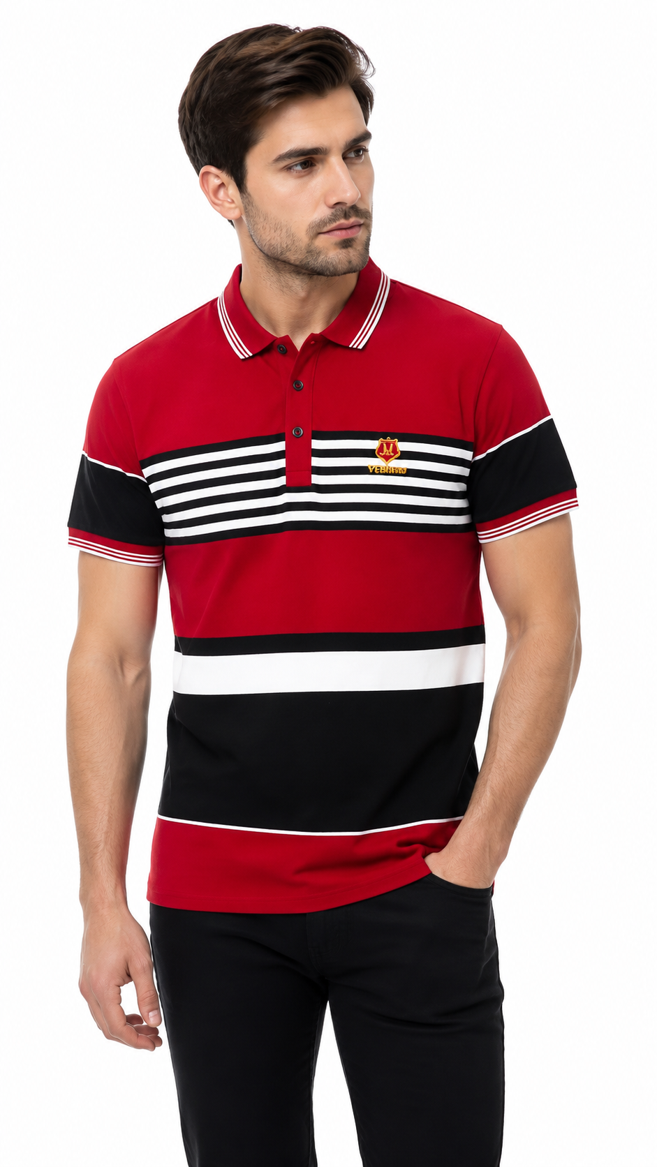 Mens Red Color Block Striped Polo Shirt