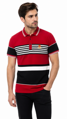 Mens Red Color Block Striped Polo Shirt