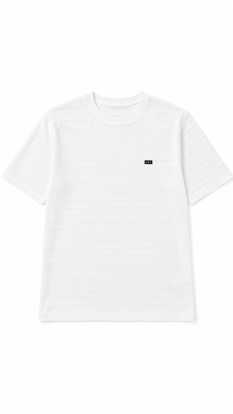 Men’s White Textured Horizontal-Stripe AEY Logo T-Shirt