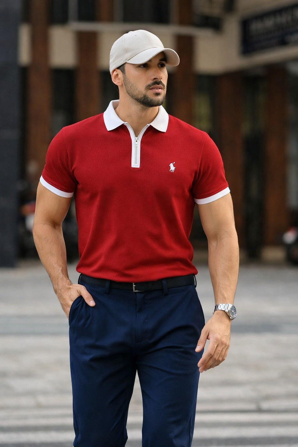 Mens Textured Red Zip Polo Shirt