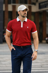 Mens Textured Red Zip Polo Shirt