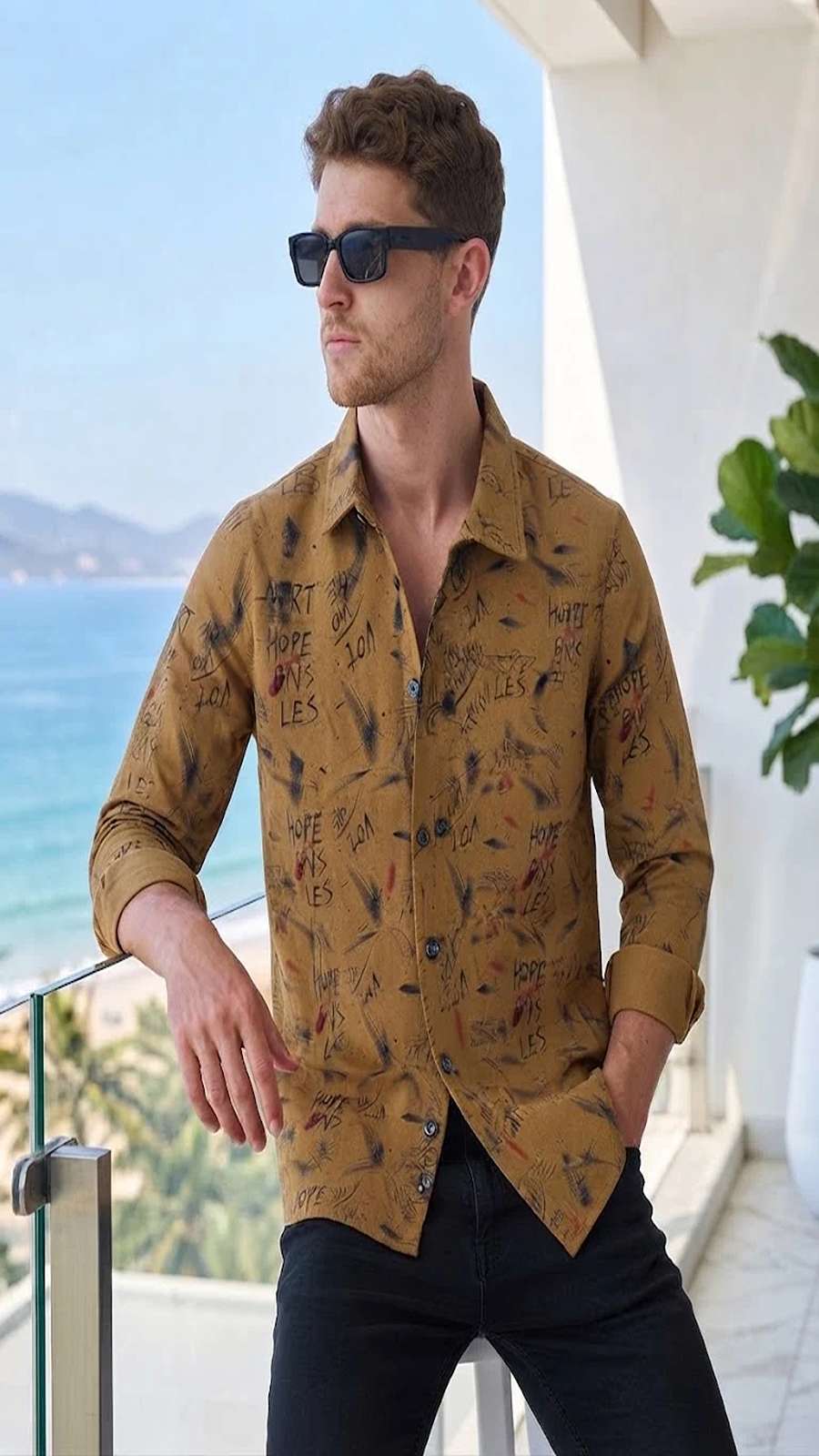 Mens Mustard Abstract Print Casual shirt