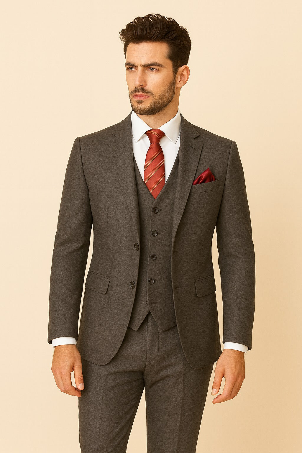 Mens choclate brown Self textured 3-Piece