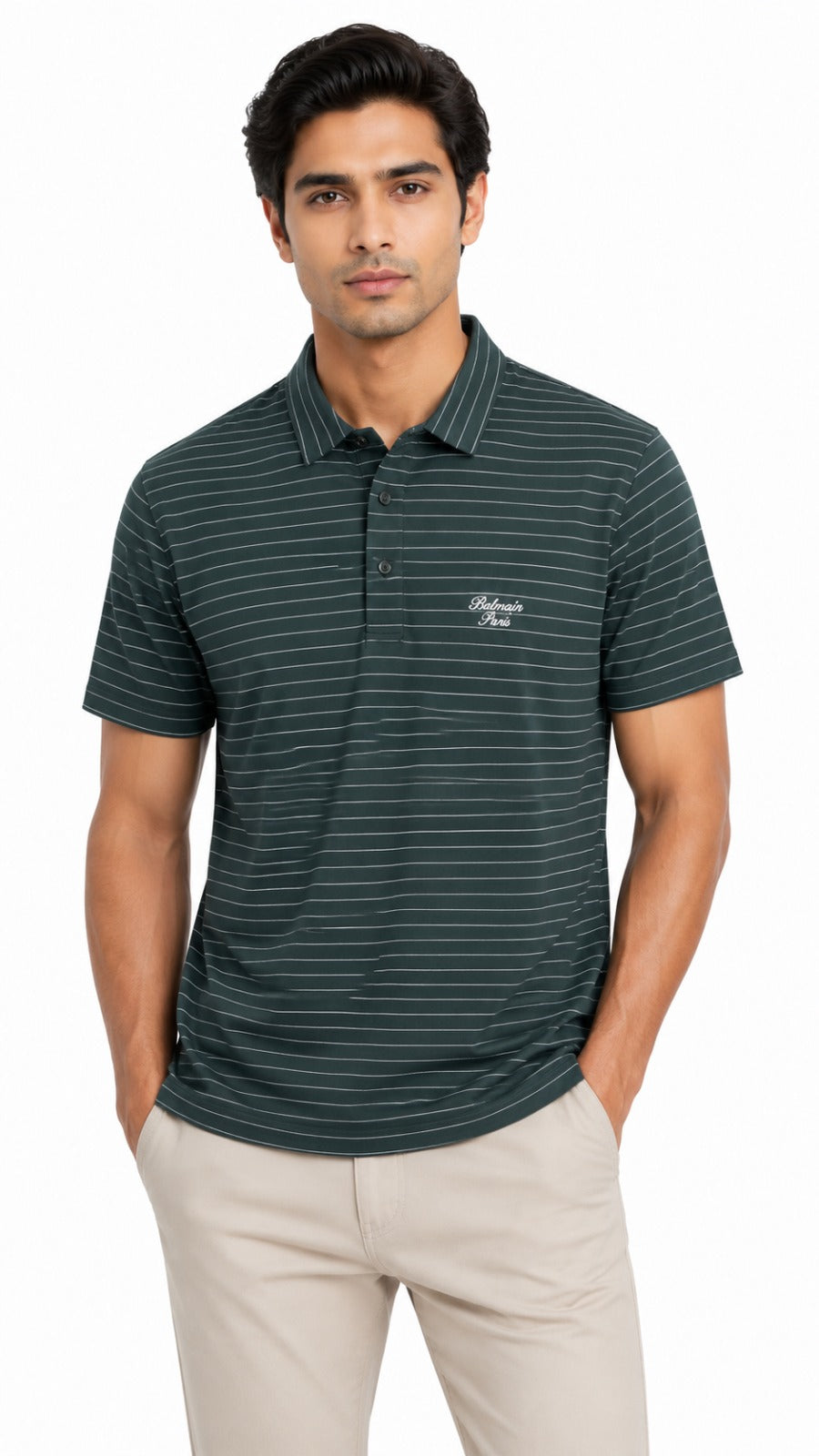 Men’s Forest Green Horizontal Pinstripe Balmain Paris Logo Polo Shirt