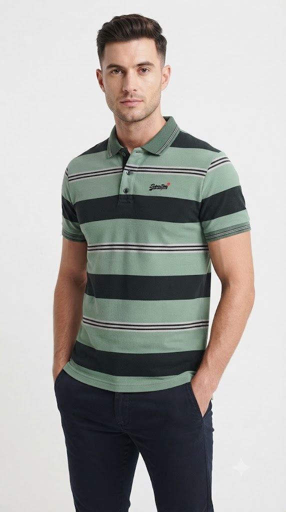 Men's Sage Green & Black Horizontal Striped Polo Shirt