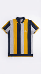 Men's Mustard Yellow, Navy & Light Grey Vertical Striped Polo Shirt