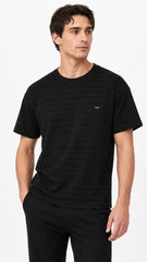 Men’s Black Textured Horizontal-Stripe EWA Logo T-Shirt