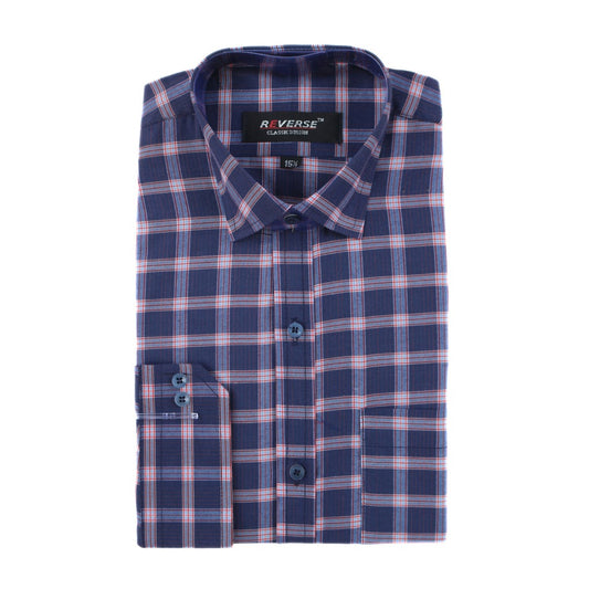 Men’s navy blue with red  checkered formal shirt