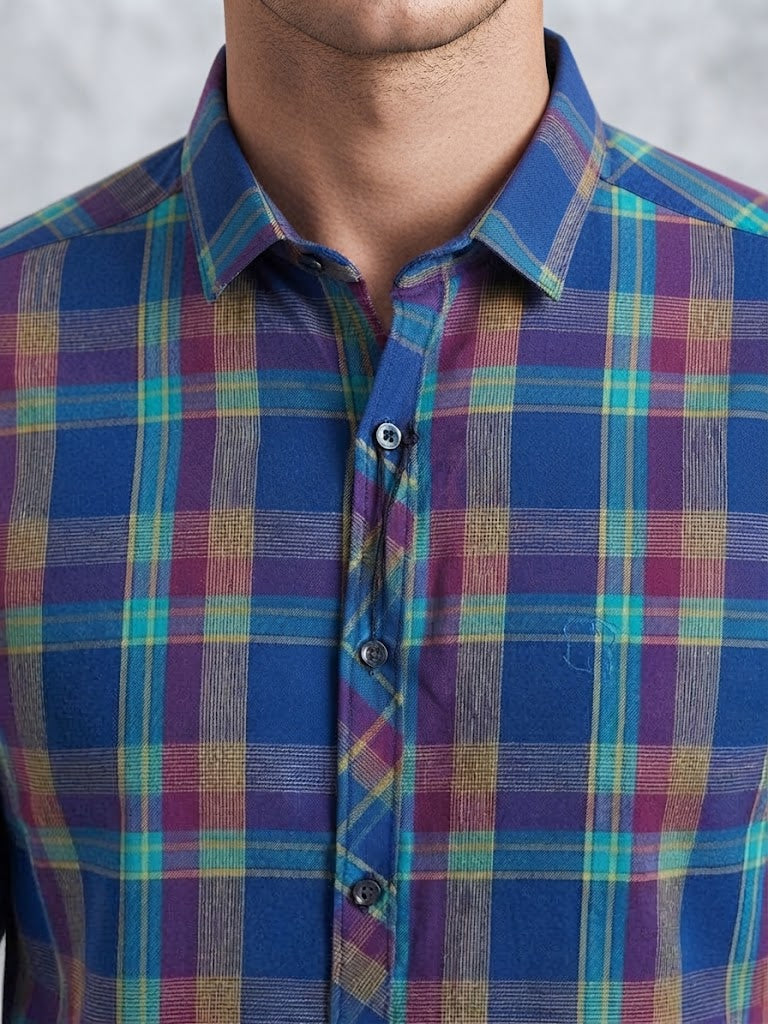 Mens Blue Maroon Yellow Check Imported Casual Shirt