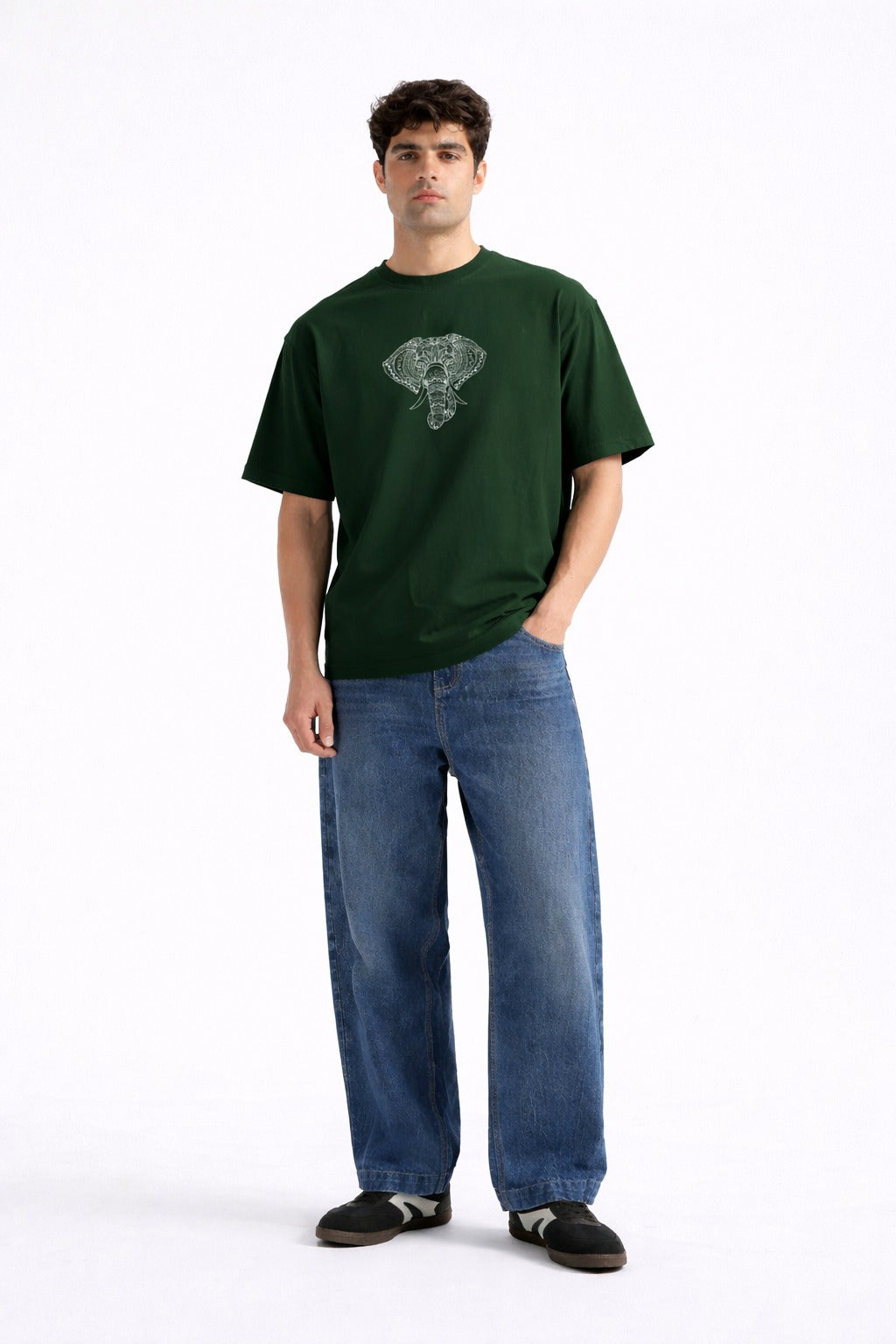 Mens Forest Green Minimal Elephant Graphic Downshoulder T-shirt