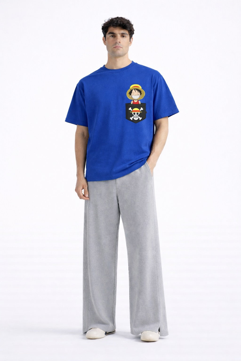 Mens Royal Blue Anime Pirate Character Graphic Downshoulder T-shirt