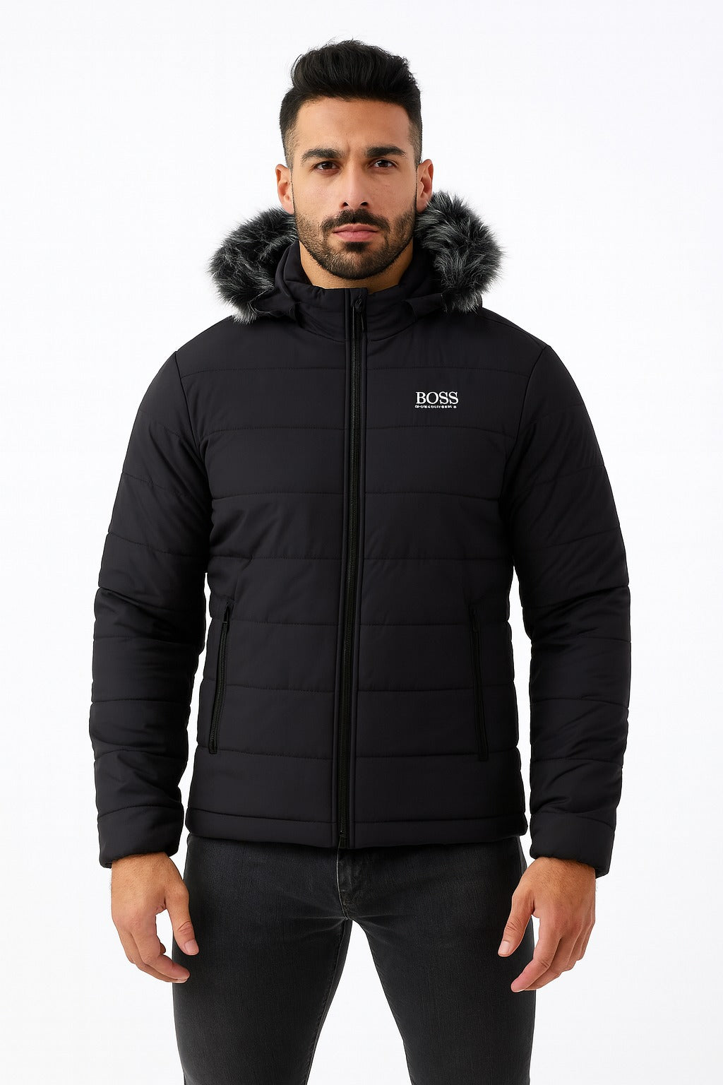 Men’s Black Oversized Fur Hood Puffer Jacket