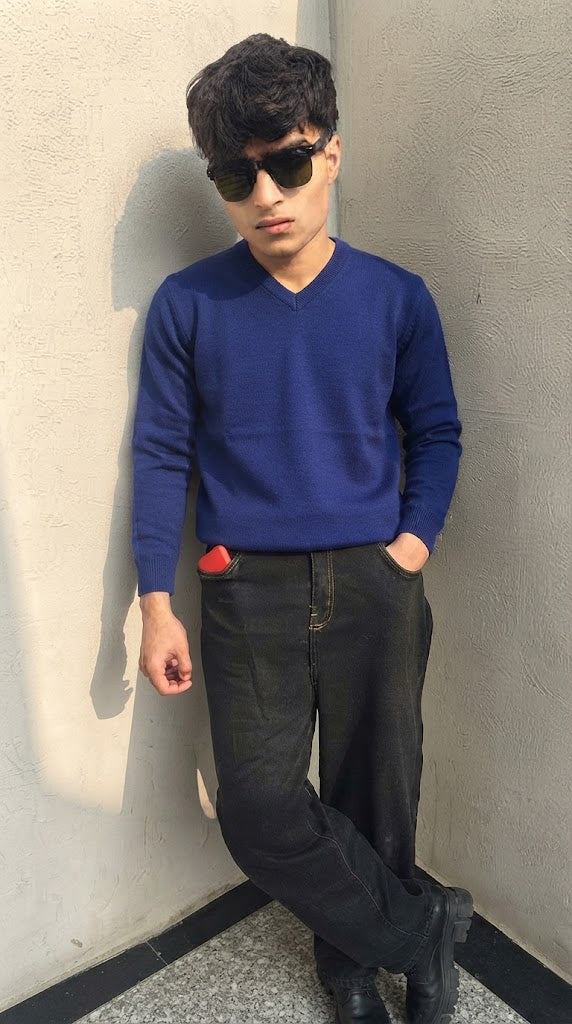 Mens Imported Wool Sweater V Neck Blue