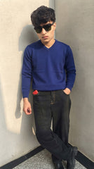 Mens Imported Wool Sweater V Neck Blue