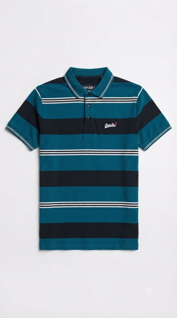 Mens Teal & Black Horizontal Striped Polo Shirt